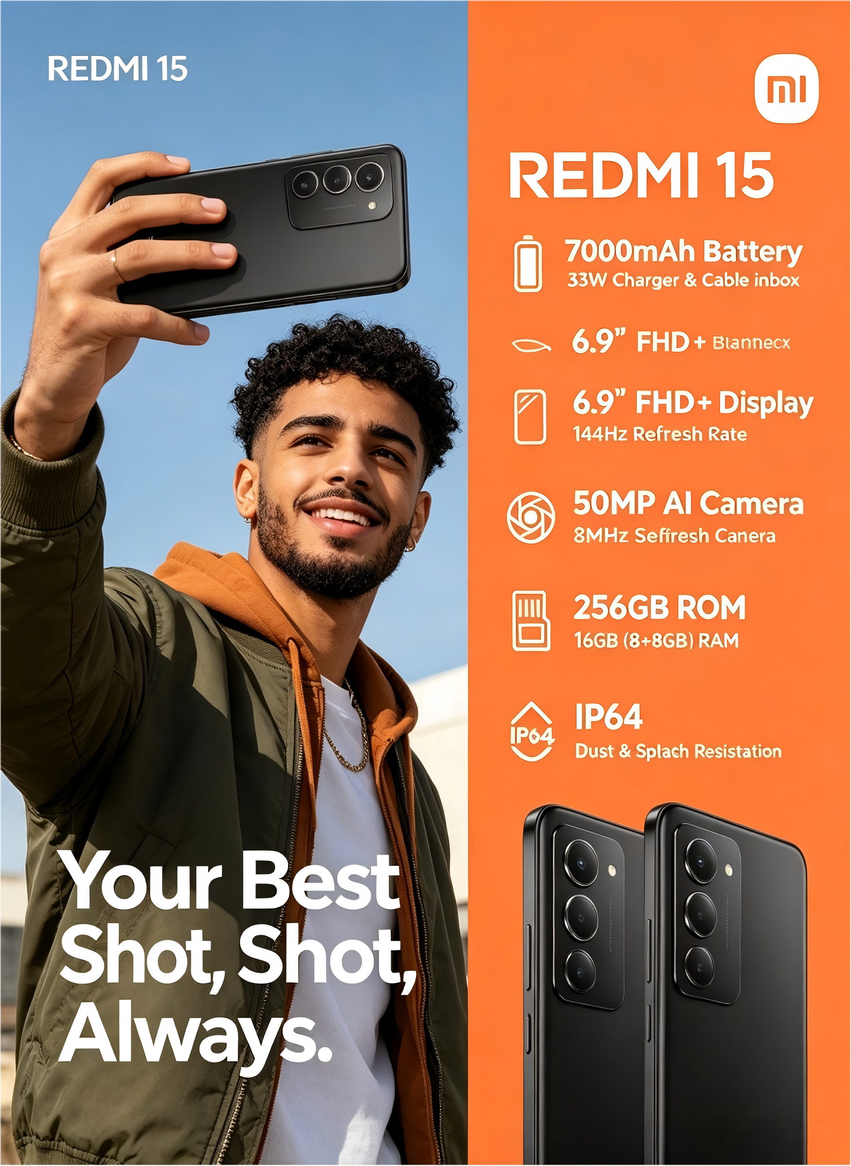REDMI 15 4G Unlocked Smartphone 8GB+256GB, 6.9" 144Hz FHD+ Display, 7000mAh Large Battery, 33W Fast Charging, 50MP AI Triple Camera, Snapdragon 6s Gen 3 Processor, IP64 Dust & Splash Resistant