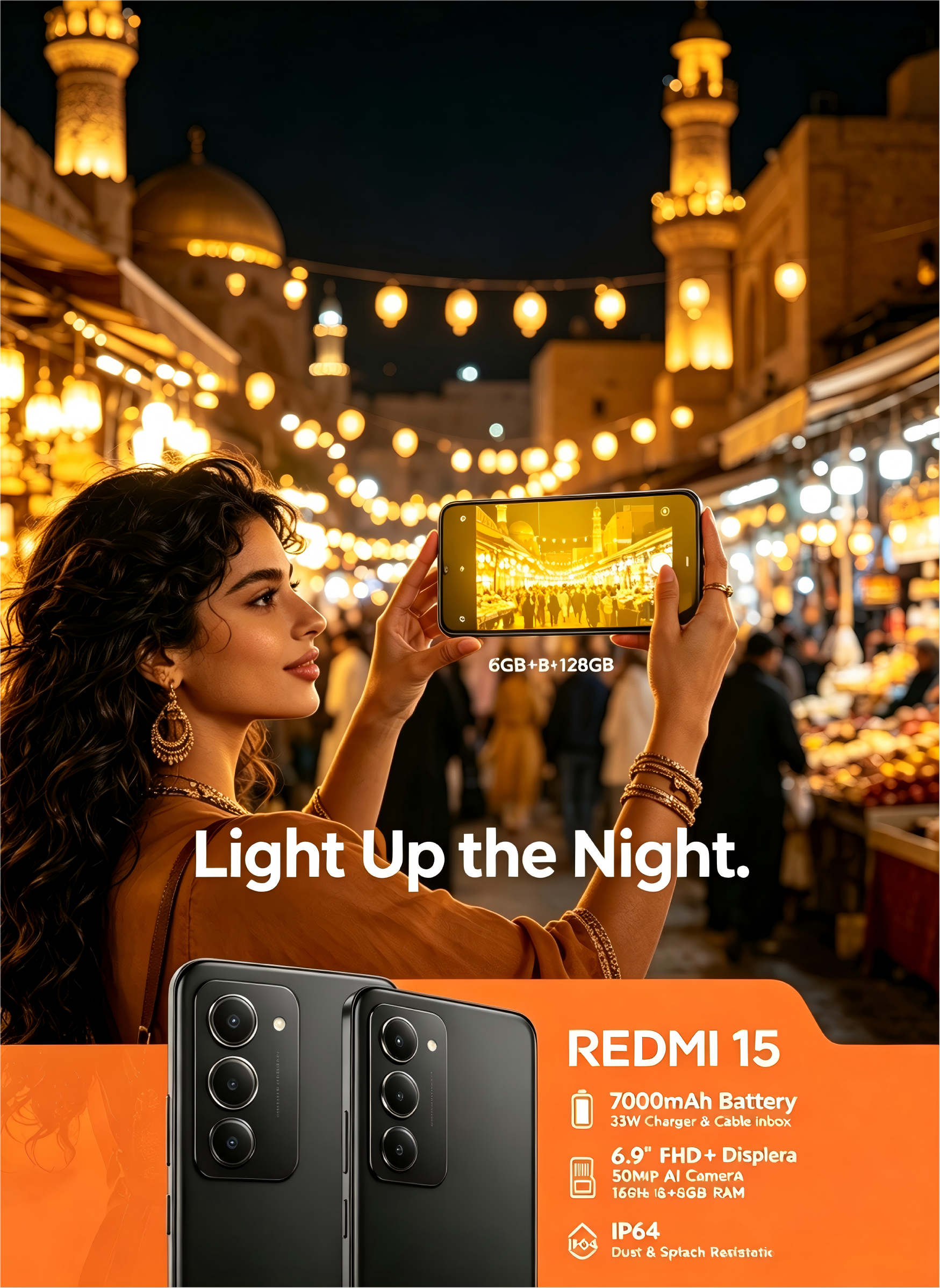 REDMI 15 4G Unlocked Smartphone 6GB+128GB, 6.9" 144Hz FHD+ Display, 7000mAh Large Battery, 33W Fast Charging, 50MP AI Triple Camera, Snapdragon 6s Gen 3 Processor