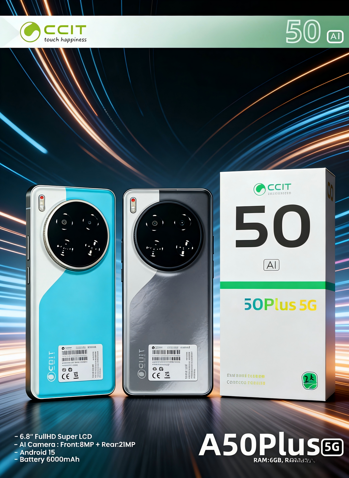 CCIT A50PLUS Smart Phone  6.8" FullHD Super LCD Al Camera: Front:8MP +Rear:21MP Android 15 Battery 6000mAh,RAM:6GB,R0M:128GB