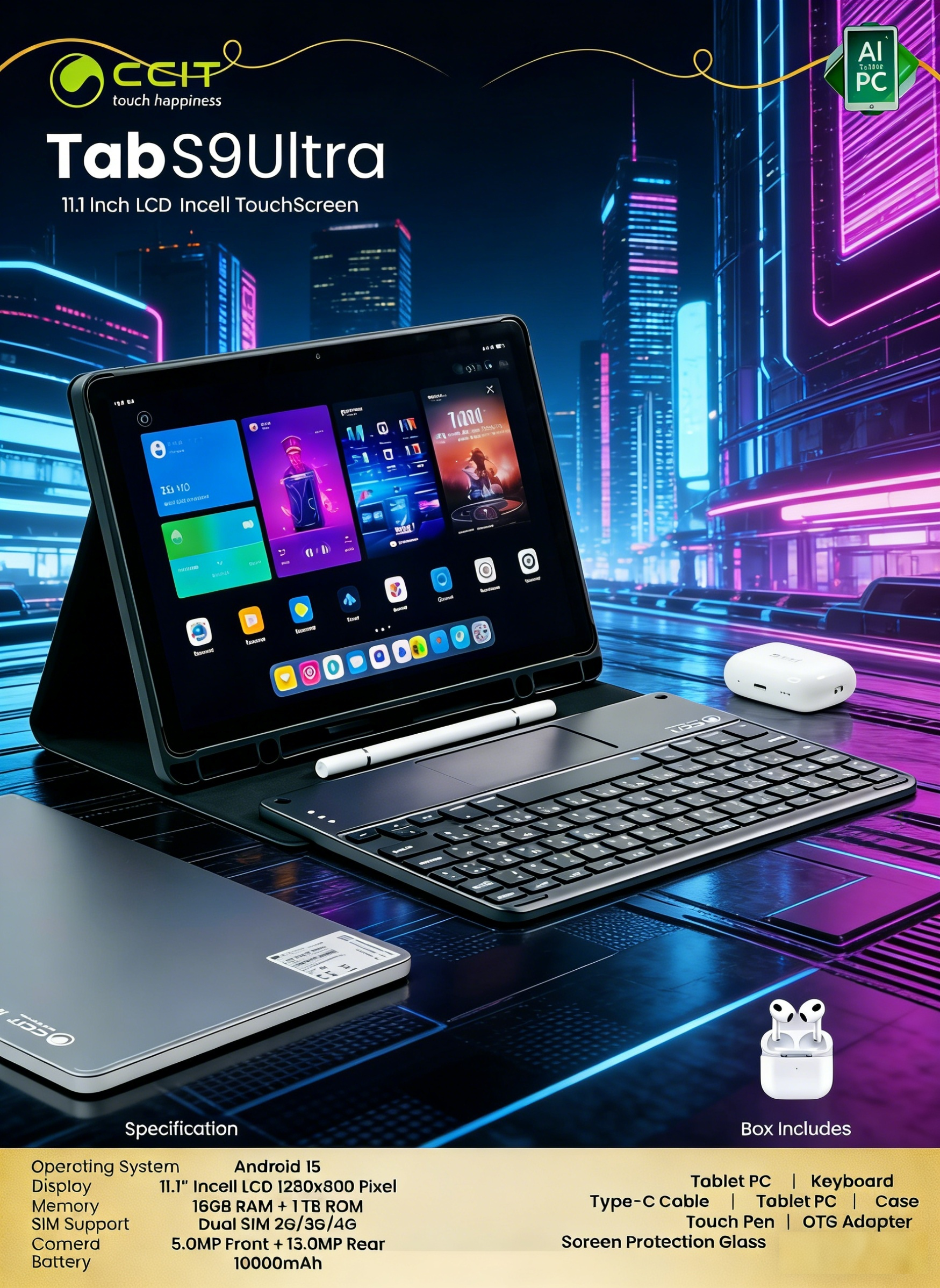 CCIT Tablet TabS9 Ultra 10.1”Screen RAM:16GB ROM:1TB OS: Android 15.0 WI-FI BT GPS High capacity:10000mAh Camera:Front5MP &nbsp;Rear13MP