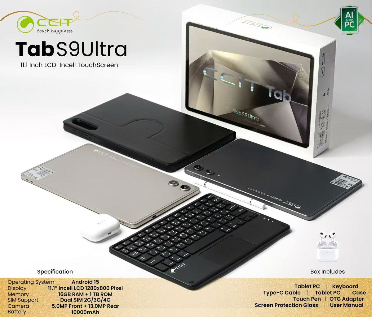 CCIT Tablet TAB S9ULTRA  RAM:16GB ROM:1TB OS: Android 15.0