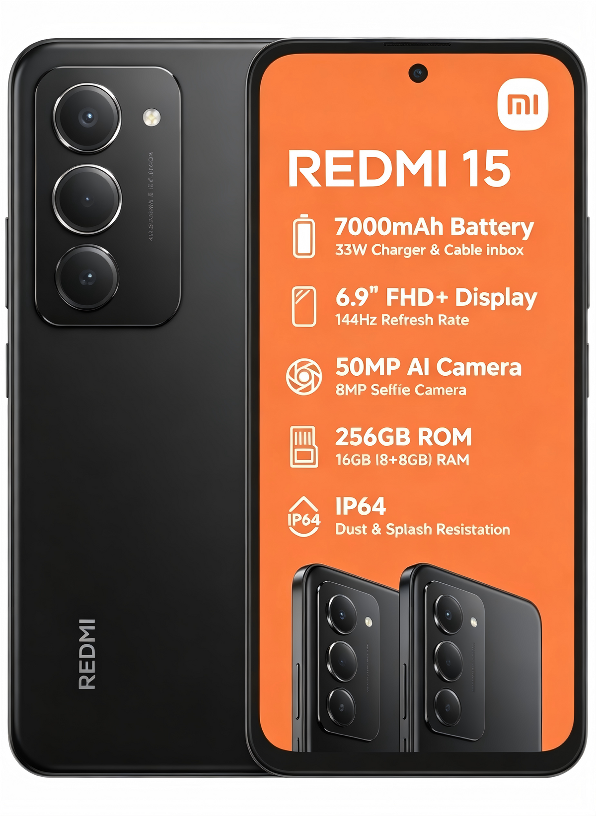 REDMI 15 4G Unlocked Smartphone 8GB+256GB, 6.9" 144Hz FHD+ Display, 7000mAh Large Battery, 33W Fast Charging, 50MP AI Triple Camera, Snapdragon 6s Gen 3 Processor, IP64 Dust & Splash Resistant