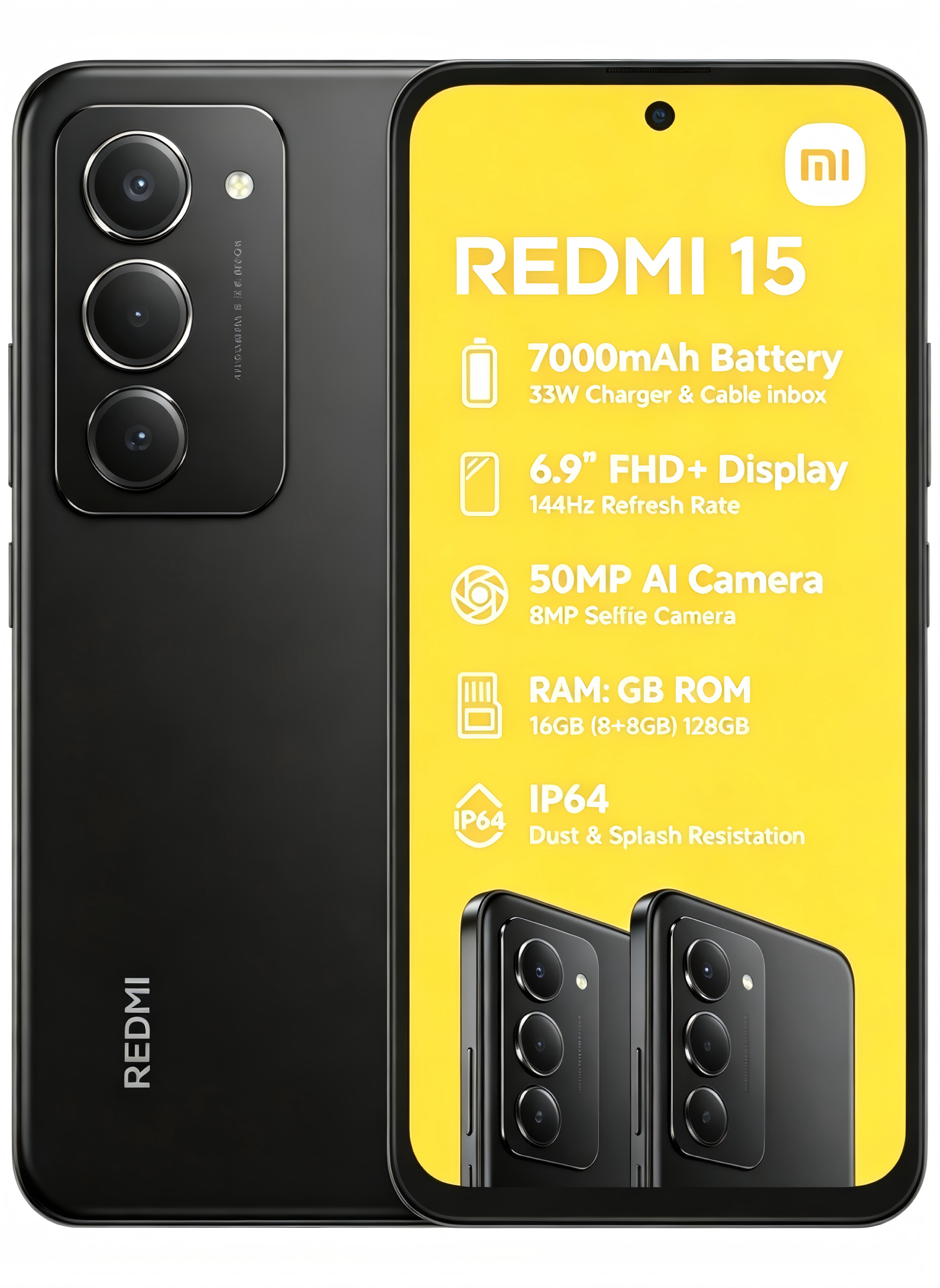 REDMI 15 4G Unlocked Smartphone 6GB+128GB, 6.9" 144Hz FHD+ Display, 7000mAh Large Battery, 33W Fast Charging, 50MP AI Triple Camera, Snapdragon 6s Gen 3 Processor