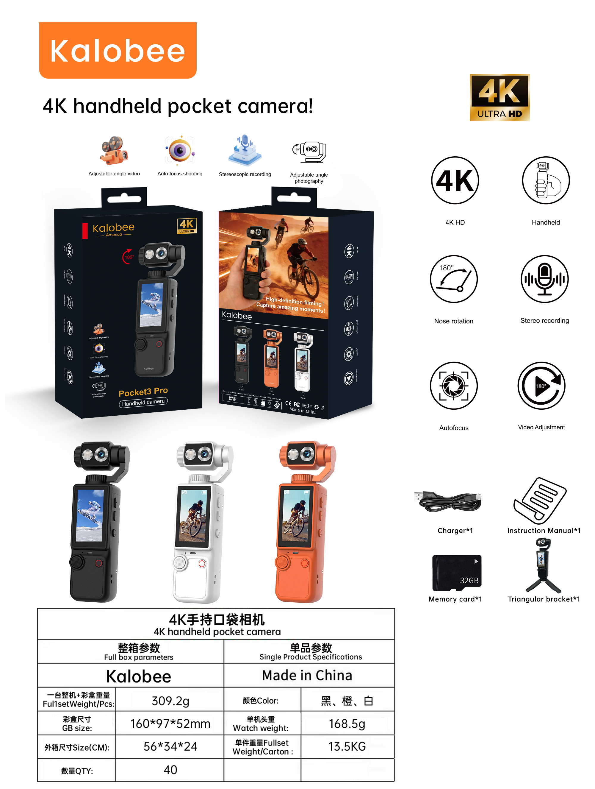 Kalobee Pocket3 Pro 4K Handheld Pocket Camera with 180° Rotating AF Lens, 1.9" Screen, 32GB Card, Tripod, 2000mAh Battery