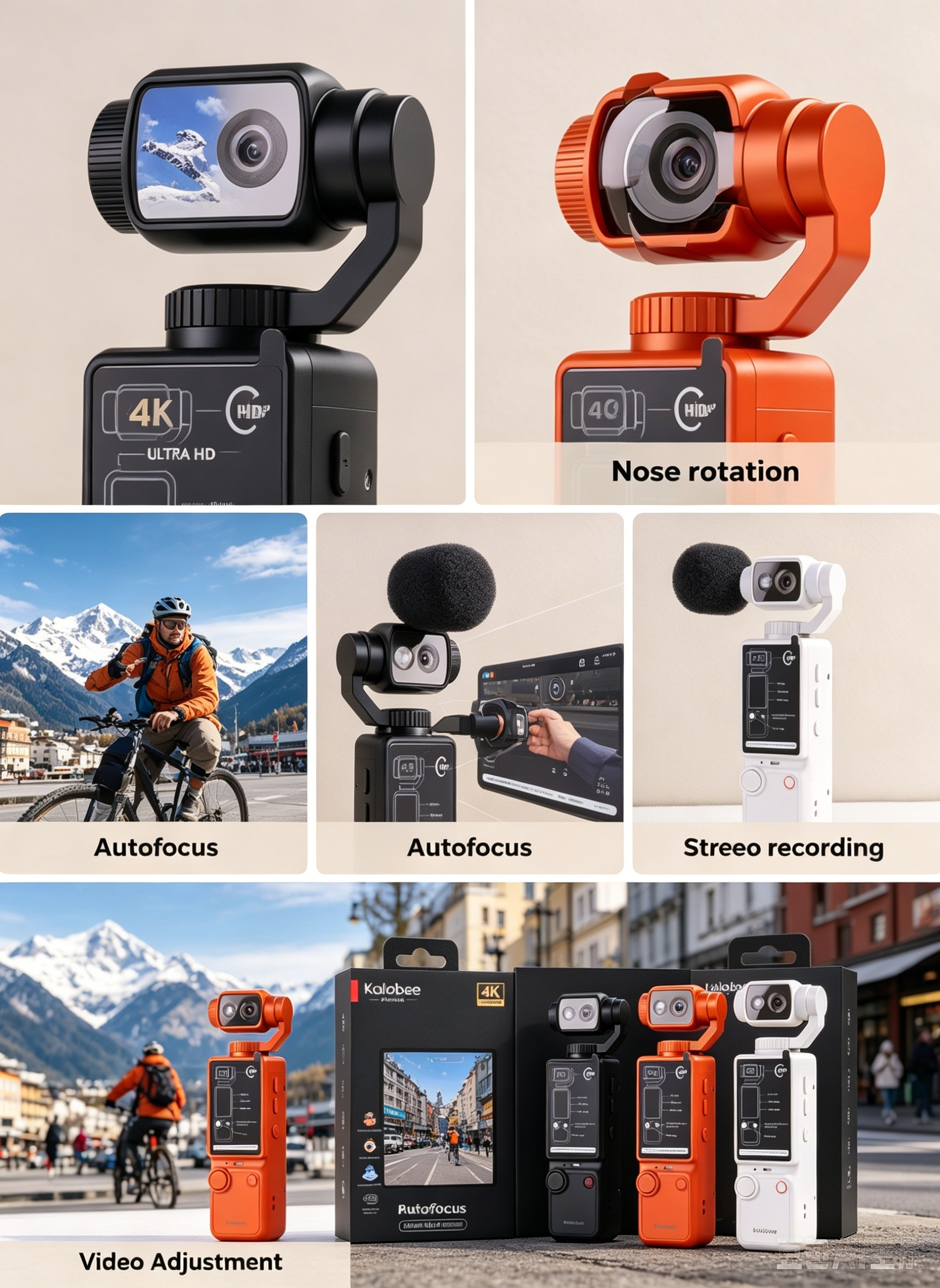 Kalobee Pocket3 Pro 4K Handheld Pocket Camera with 180° Rotating AF Lens, 1.9" Screen, 32GB Card, Tripod, 2000mAh Battery