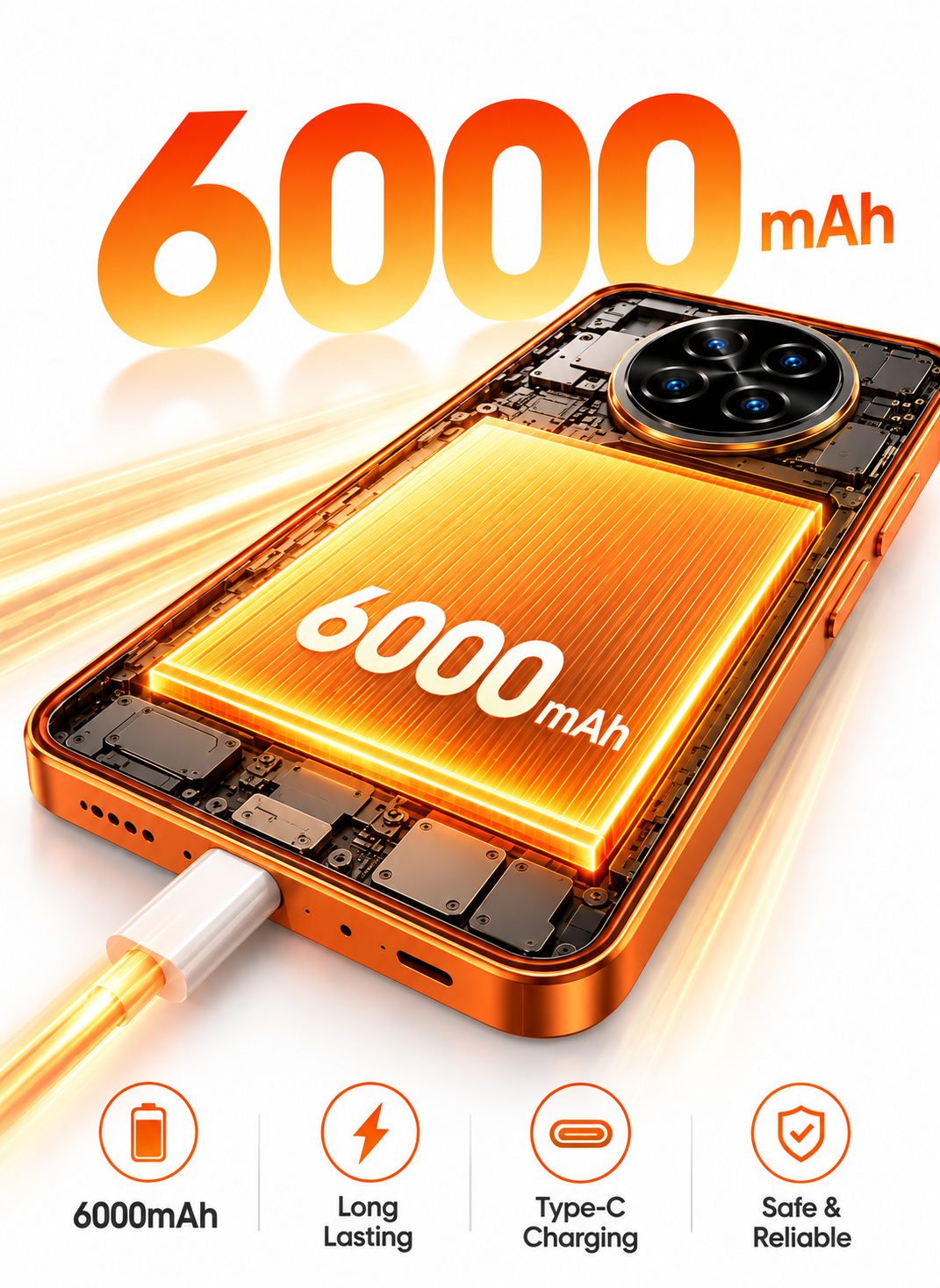 CCIT Find X9 بشاشة 6.6 بوصة Full HD، نظام Android 16، ذاكرة 8 جيجابايت + 512 جيجابايت، كاميرا ذكاء اصطناعي بدقة 20 ميجابكسل، بطارية 6000 مللي أمبير - برتقالي