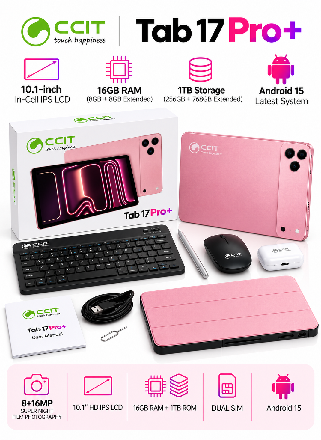 CCIT Tab 17 Pro+ 10.1-inch In-Cell IPS LCD 16GB+1TB - Pink