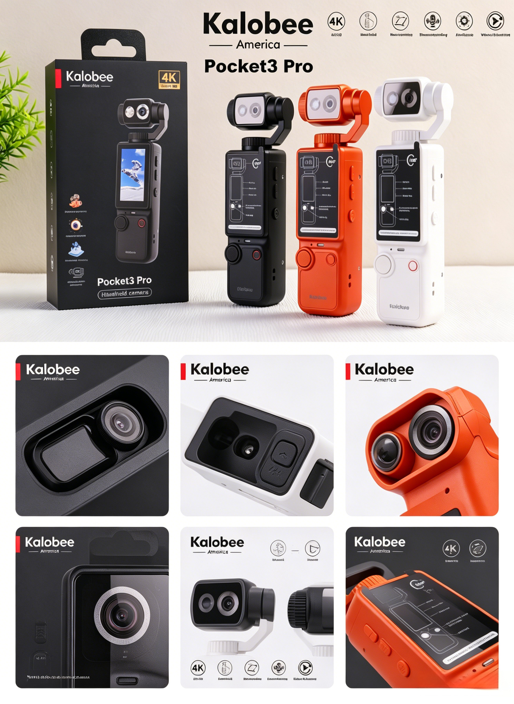 Kalobee Pocket3 Pro 4K Handheld Pocket Camera with 180° Rotating AF Lens, 1.9" Screen, 32GB Card, Tripod, 2000mAh Battery