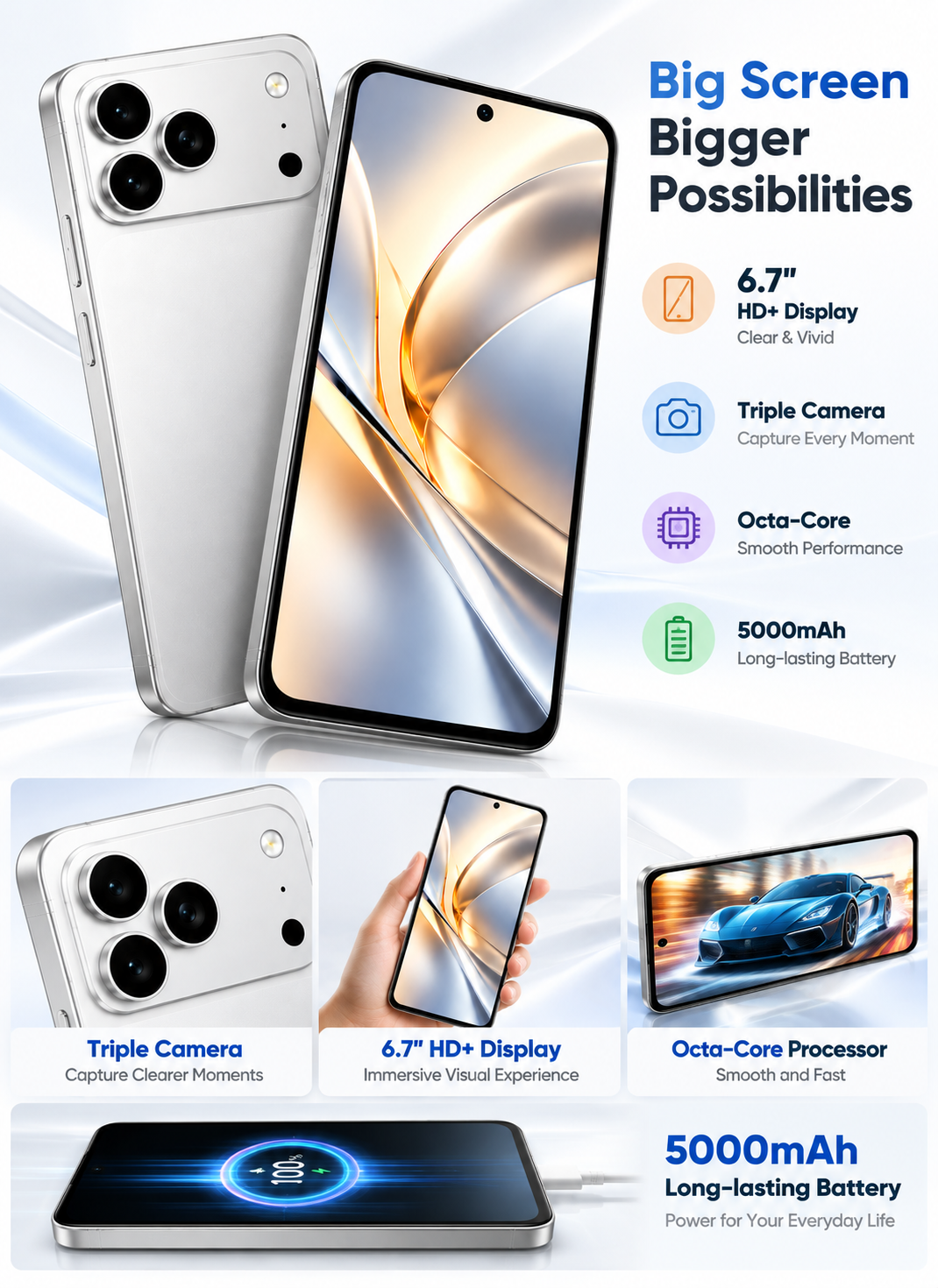 هاتف CCIT T17 برو ماكس 5G، شاشة 6.8 بوصة HD+ بتقنية In-Cell، أندرويد 15، ذاكرة 16 جيجابايت + 1 تيرابايت، بطارية 6000 مللي أمبير - أبيض