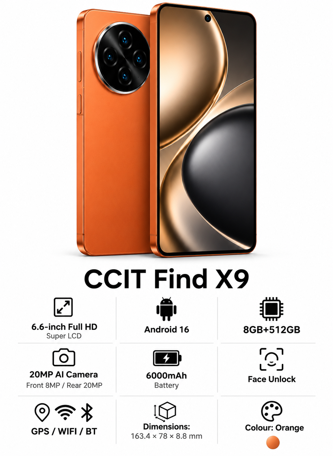 CCIT Find X9 بشاشة 6.6 بوصة Full HD، نظام Android 16، ذاكرة 8 جيجابايت + 512 جيجابايت، كاميرا ذكاء اصطناعي بدقة 20 ميجابكسل، بطارية 6000 مللي أمبير - برتقالي