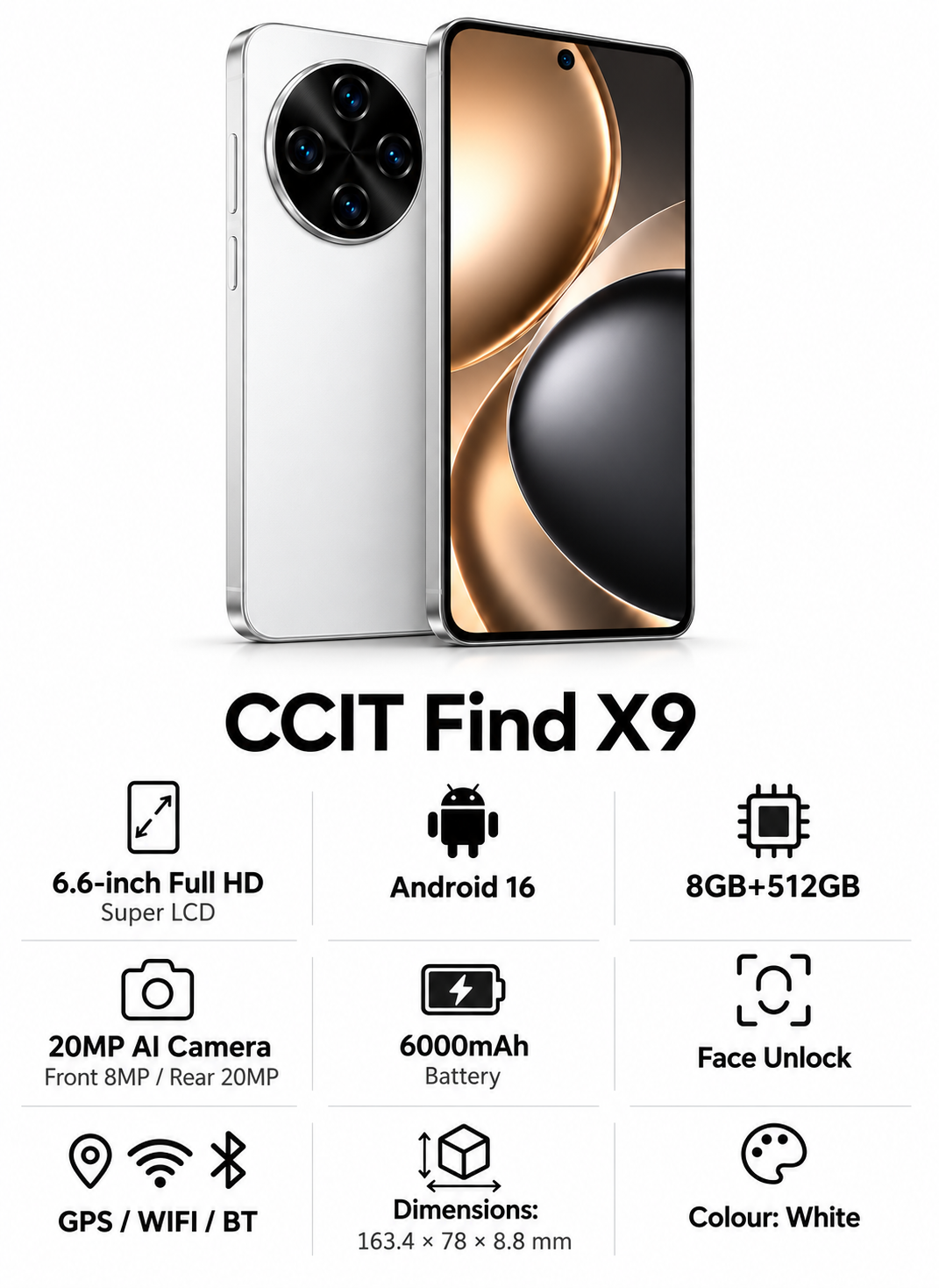 CCIT Find X9 بشاشة 6.6 بوصة Full HD، نظام أندرويد 16، ذاكرة 8 جيجابايت + 512 جيجابايت، كاميرا ذكاء اصطناعي 20 ميجابكسل، بطارية 6000 مللي أمبير - فضي