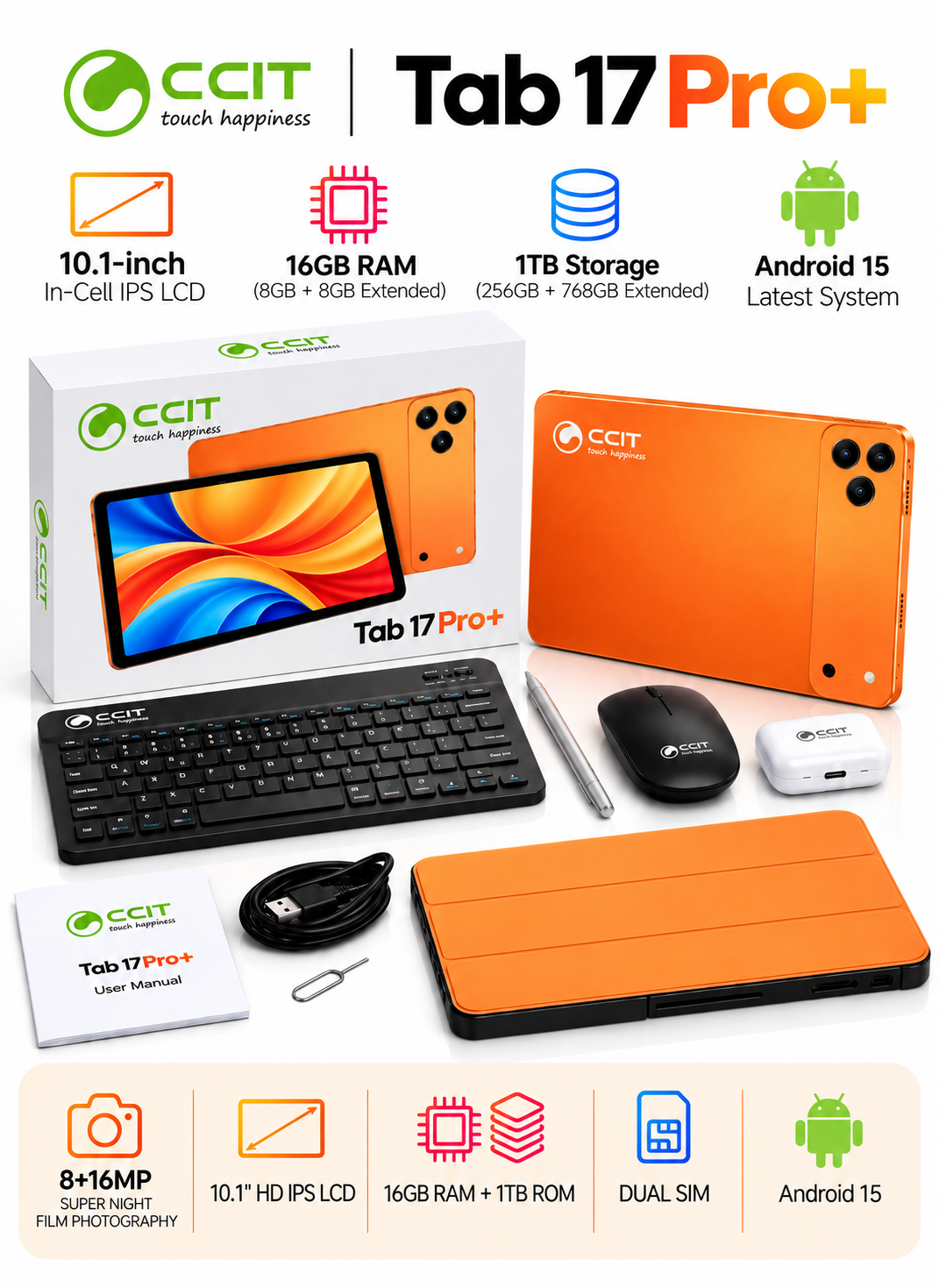 جهاز CCIT Tab 17 Pro+ اللوحي مقاس 10.1 بوصة، شاشة LCD بتقنية In-Cell IPS، سعة 16 جيجابايت + 1 تيرابايت
