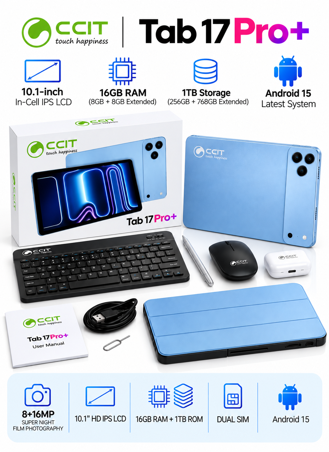 CCIT Tab 17 Pro+ 10.1-inch In-Cell IPS LCD 16GB+1TB - Blue