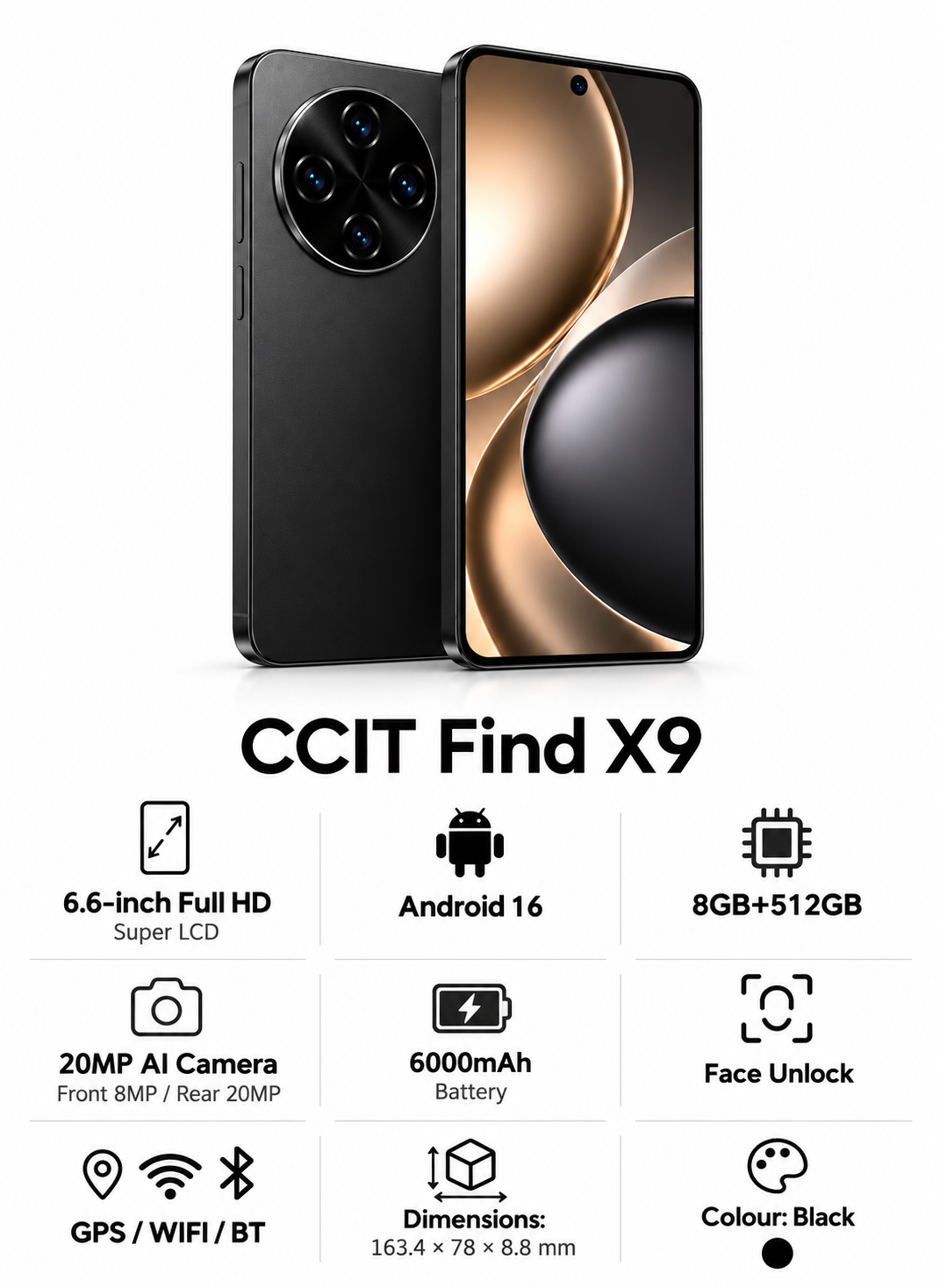CCIT Find X9 Smartphone 5G 6.6-inch Full HD Android 16 8GB+512GB 20MP AI Camera 6000mAh - Black