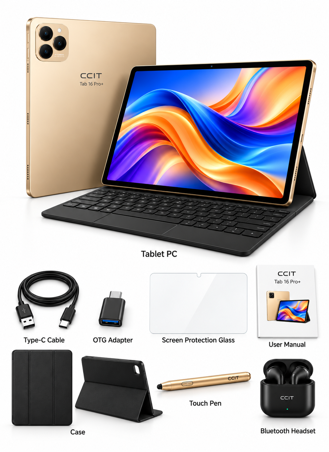 جهاز تابلت CCIT Tab 16 Pro+ بشاشة 10.1 بوصة من نوع In-Cell LCD، نظام أندرويد 15، ذاكرة 16 جيجابايت + 1 تيرابايت، بطارية 10000 مللي أمبير، كاميرا 8 ميجابكسل + 13 ميجابكسل - لون ذهبي