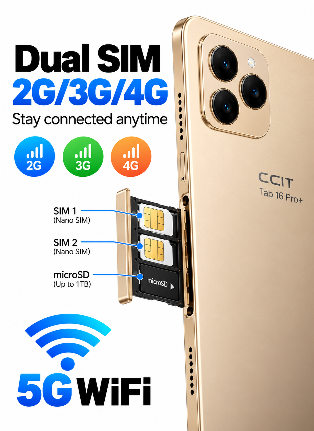 جهاز تابلت CCIT Tab 16 Pro+ بشاشة 10.1 بوصة من نوع In-Cell LCD، نظام أندرويد 15، ذاكرة 16 جيجابايت + 1 تيرابايت، بطارية 10000 مللي أمبير، كاميرا 8 ميجابكسل + 13 ميجابكسل - لون ذهبي