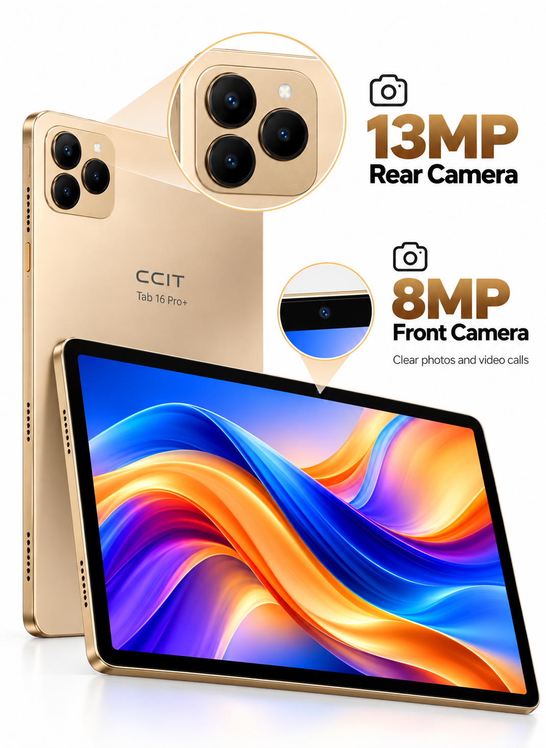 جهاز تابلت CCIT Tab 16 Pro+ بشاشة 10.1 بوصة من نوع In-Cell LCD، نظام أندرويد 15، ذاكرة 16 جيجابايت + 1 تيرابايت، بطارية 10000 مللي أمبير، كاميرا 8 ميجابكسل + 13 ميجابكسل - لون ذهبي