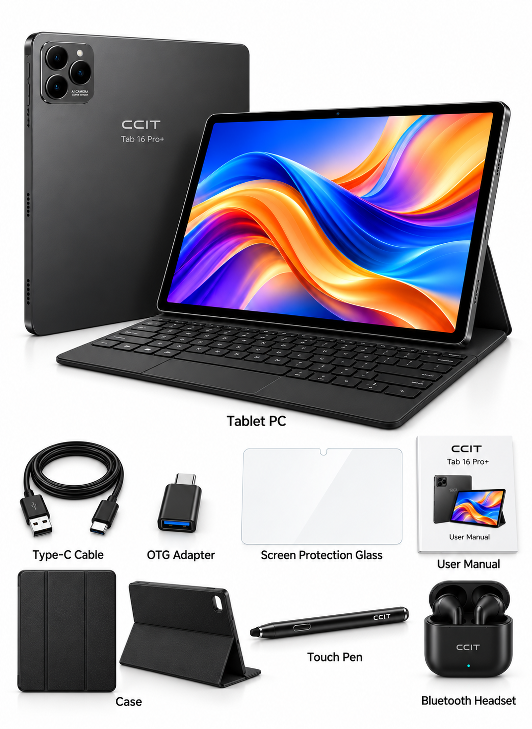 CCIT Tab 16 Pro+ 10.1-inch In-Cell LCD Android 15 16GB+1TB 10000mAh 8MP+13MP - Black