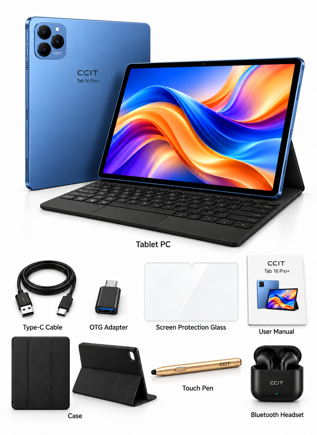 جهاز CCIT Tab 16 Pro+ بشاشة 10.1 بوصة LCD بتقنية In-Cell، نظام أندرويد 15، سعة 16 جيجابايت + 1 تيرابايت، بطارية 10000 مللي أمبير، كاميرا 8 ميجابكسل + 13 ميجابكسل - أزرق