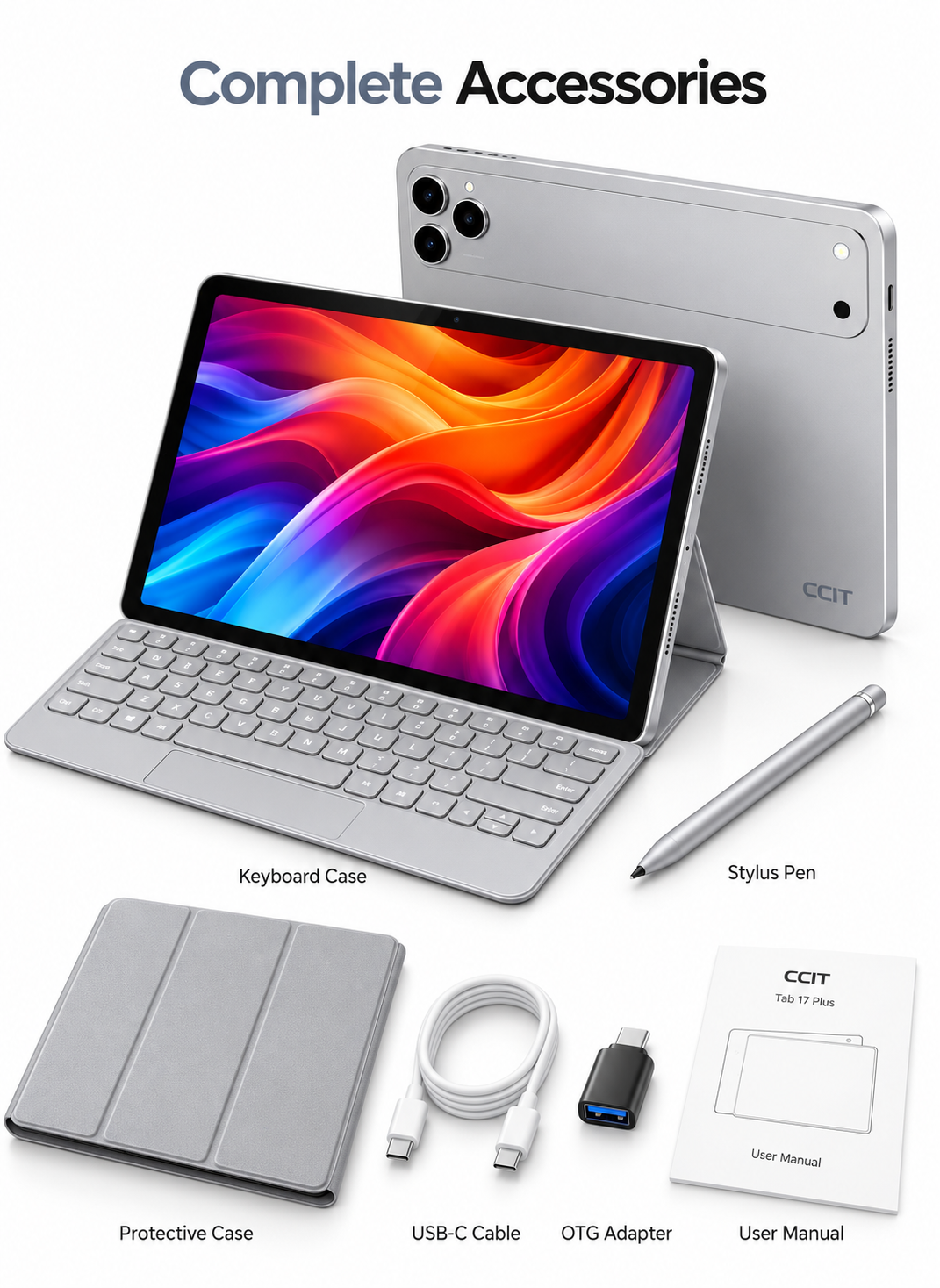 جهاز CCIT Tab 17 Plus بشاشة 11 بوصة IPS LCD بتقنية In-Cell، نظام أندرويد 15، سعة 16 جيجابايت + 1 تيرابايت، بطارية 12000 مللي أمبير، كاميرا 13 ميجابكسل + 28 ميجابكسل - فضي