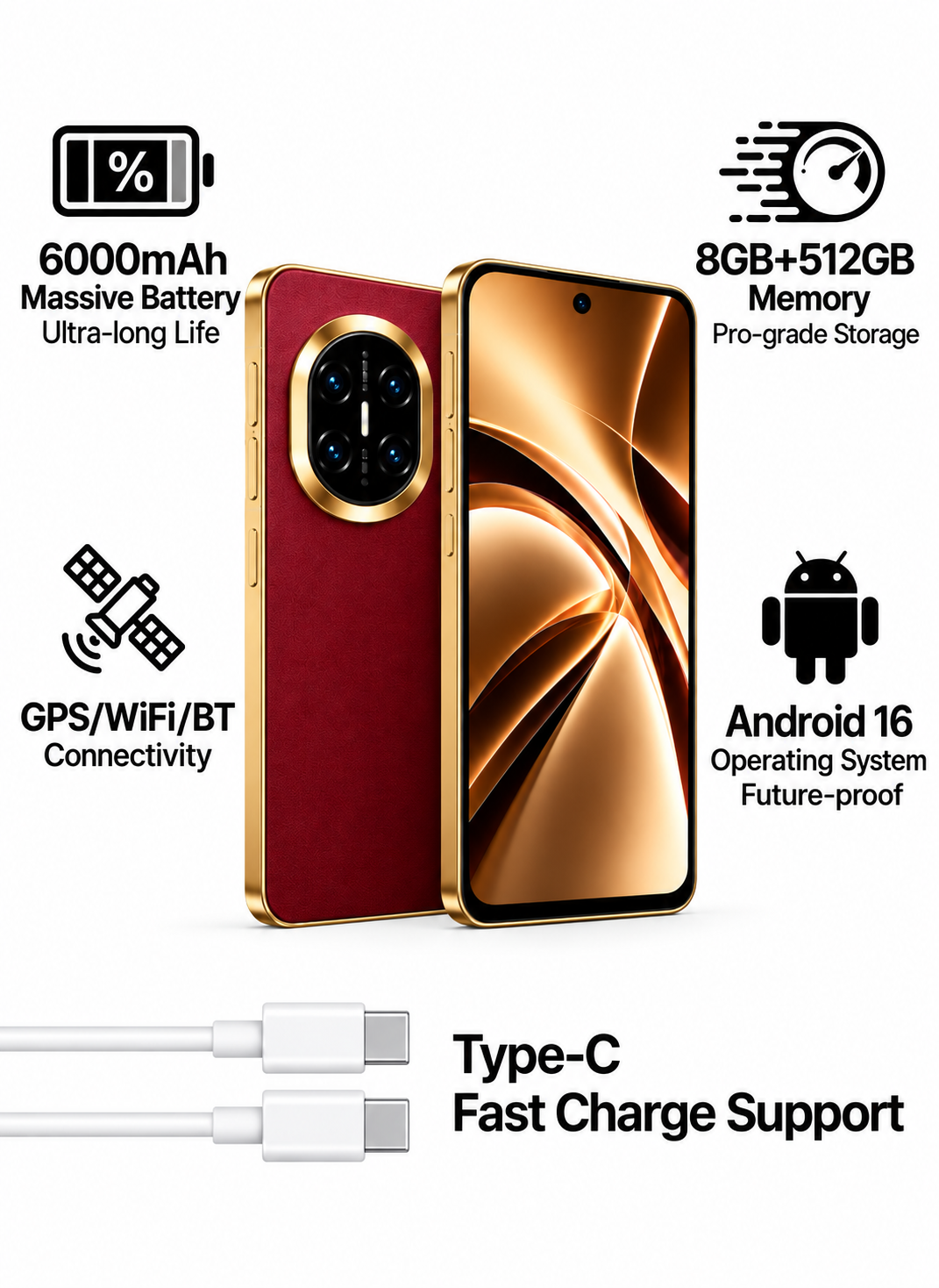CCIT Mate X7 Smartphone 5G 6.6-inch Full HD Android 16 8GB+512GB 20MP AI Camera 6000mAh - Red