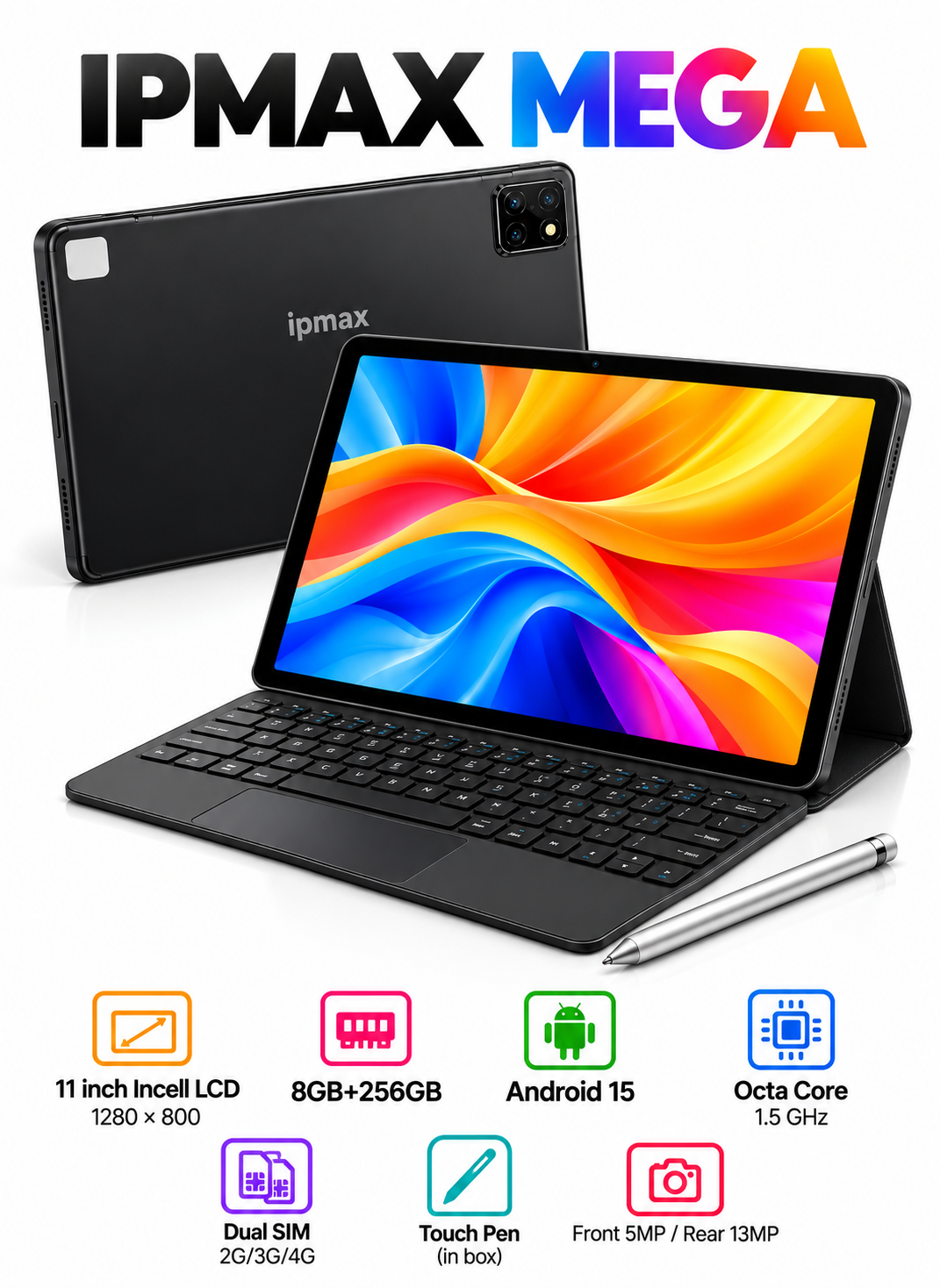 IPMAX MEGA شاشة LCD In-Cell مقاس 11 بوصة بنظام Android 15، سعة 8GB+256GB - أسود