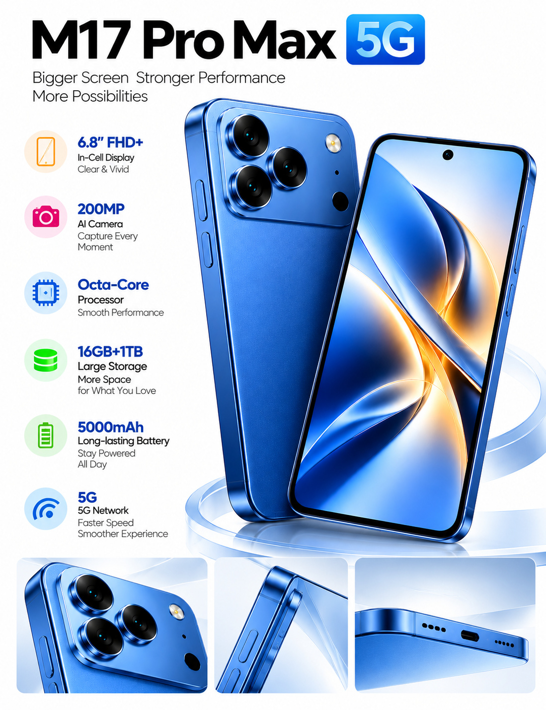 هاتف CCIT M17 Pro Max بشاشة Super LCD مقاس 7.2 بوصة بدقة Full HD، يعمل بنظام Android 15، مزود بكاميرا مدعومة بالذكاء الاصطناعي - أزرق