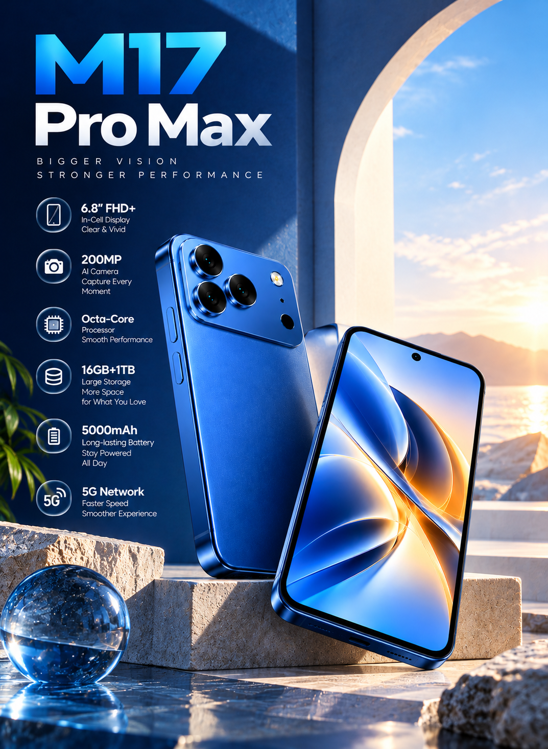 هاتف CCIT M17 Pro Max بشاشة Super LCD مقاس 7.2 بوصة بدقة Full HD، يعمل بنظام Android 15، مزود بكاميرا مدعومة بالذكاء الاصطناعي - أزرق