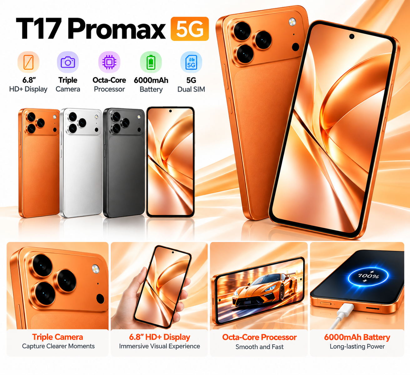 CCIT T17 Pro Max 5G 6.8-inch HD+ In-Cell Android 15 16GB+1TB 6000mAh - Orange