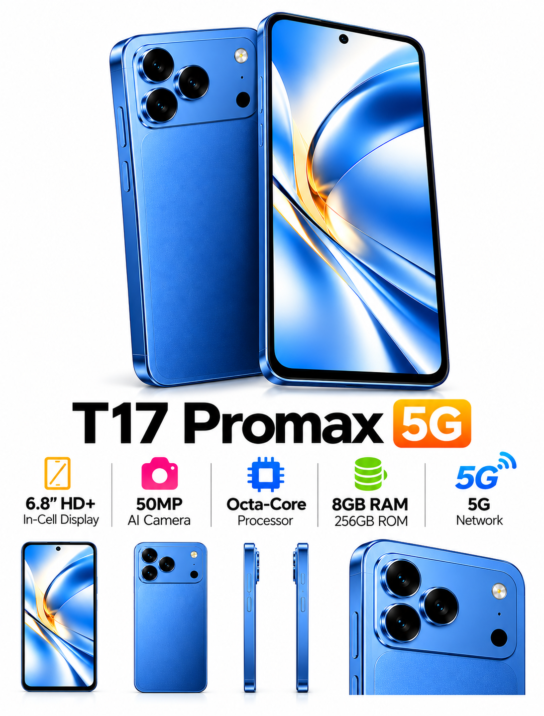 هاتف CCIT M17 Pro Max بشاشة Super LCD مقاس 7.2 بوصة بدقة Full HD، يعمل بنظام Android 15، مزود بكاميرا مدعومة بالذكاء الاصطناعي - أزرق