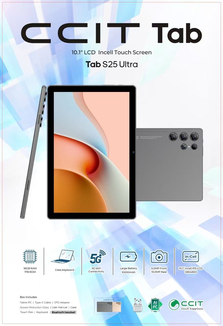 CCIT Tablet PCTAB S25ULTRA 5G In-Cell CR DAM TTB ROм Case,Keyboard CG Connectivity Large Battery 10000mAh S.OMD Eront TLOMP Rear 10.1"inoolIDeuCn 1280x720
