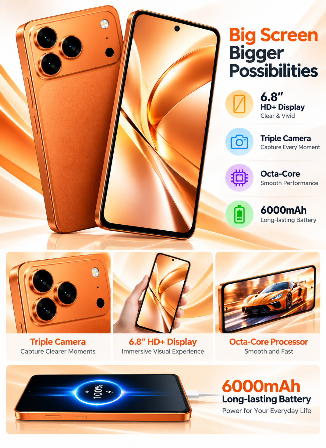 CCIT T17 Pro Max 5G 6.8-inch HD+ In-Cell Android 15 16GB+1TB 6000mAh - Orange